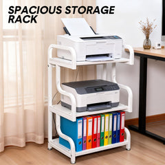3 Tier Printer Stand Multifunctional Metal Storage Shelf with Top Handle and Foot Pad Home Office Printer Table Strong Loading Capacity 60x40x94cm White
