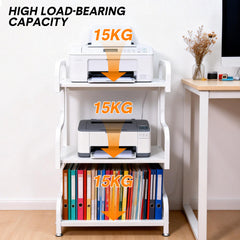 3 Tier Printer Stand Multifunctional Metal Storage Shelf with Top Handle and Foot Pad Home Office Printer Table Strong Loading Capacity 60x40x94cm White