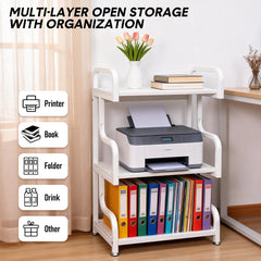 3 Tier Printer Stand Multifunctional Metal Storage Shelf with Top Handle and Foot Pad Home Office Printer Table Strong Loading Capacity 60x40x94cm White