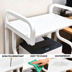 3 Tier Printer Stand Multifunctional Metal Storage Shelf with Top Handle and Foot Pad Home Office Printer Table Strong Loading Capacity 60x40x94cm White