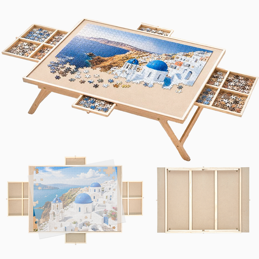 Folding Puzzle Table with Legs for 1500 Piece Puzzles Portable Wooden Jigsaw Puzzle Board 89x69cm with 4 Detachable Drawers and Protective Cover Game Table