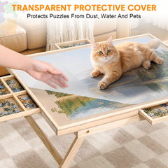 Folding Puzzle Table with Legs for 1500 Piece Puzzles Portable Wooden Jigsaw Puzzle Board 89x69cm with 4 Detachable Drawers and Protective Cover Game Table