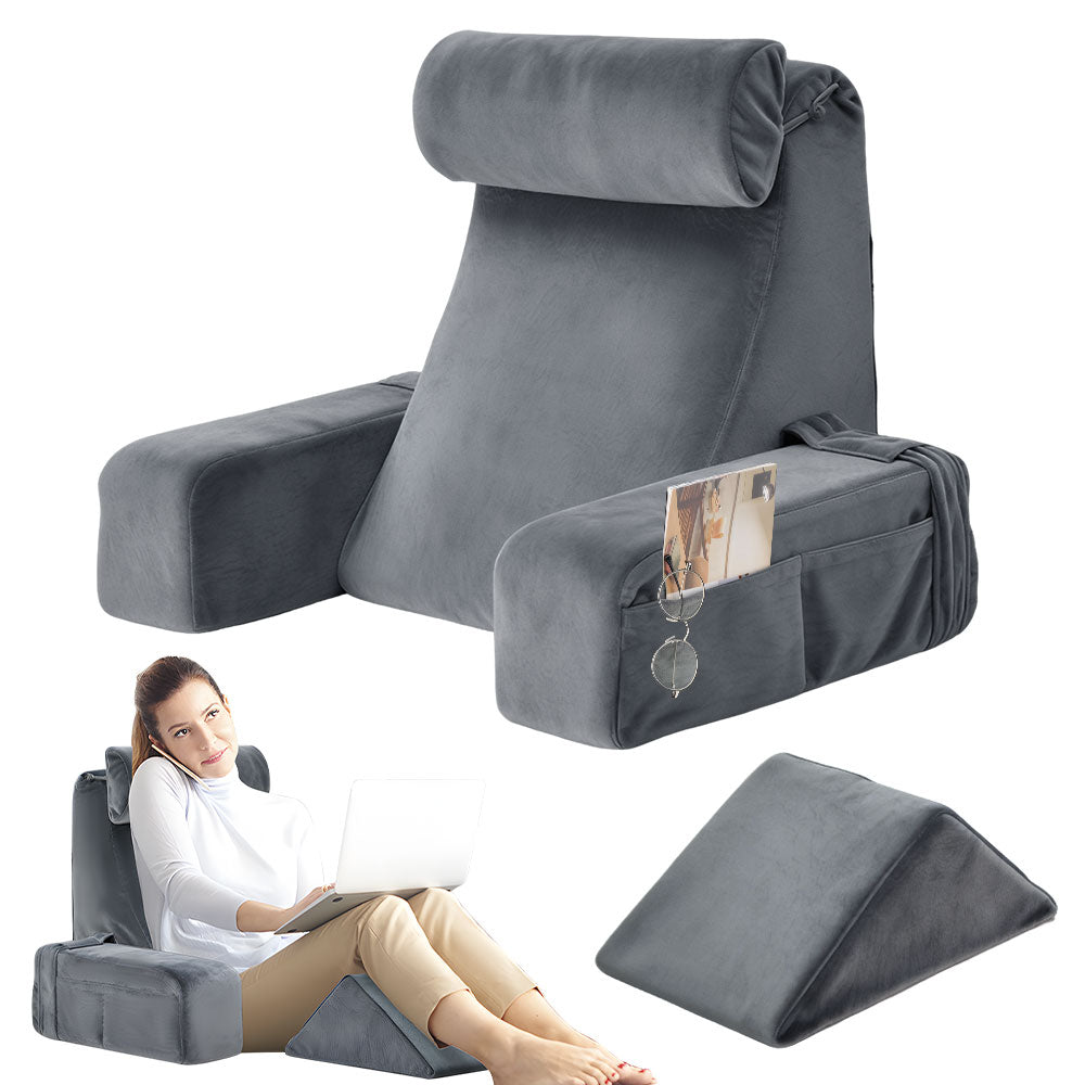 Reading Pillow High Density Memory Foam Back Support Pillow with Arms for Adults Teens for Reading Watching TV Resting Sitting Up in Bed Couch Floor Grey