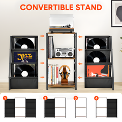 Record Player Stand with Vinyl Storage 3 Tier Metal Turntable Stand with Record Holders for Media Stereo Audio Rustic Vinyls Display Cabinet 129x30x74cm
