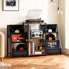 Record Player Stand with Vinyl Storage 3 Tier Metal Turntable Stand with Record Holders for Media Stereo Audio Rustic Vinyls Display Cabinet 129x30x74cm