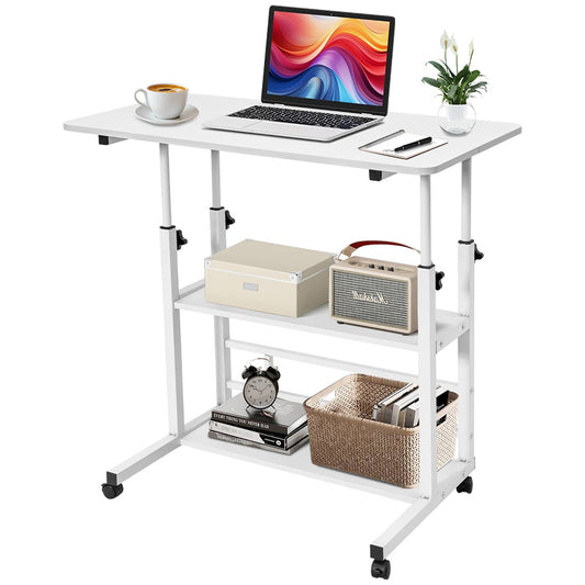 Rolling Desk Bed Sofa Side Table 63 to 90cm Height Adjustable Mobile Desk with 3 Layer Storage and Swivel Wheels Max Load 10kg White for Home Office