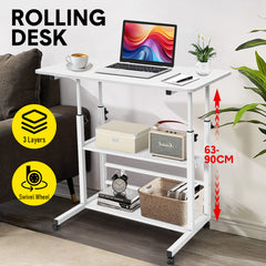Rolling Desk Bed Sofa Side Table 63 to 90cm Height Adjustable Mobile Desk with 3 Layer Storage and Swivel Wheels Max Load 10kg White for Home Office