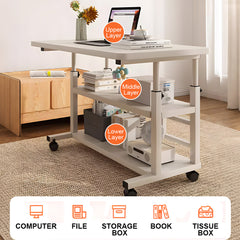 Rolling Desk Bed Sofa Side Table 63 to 90cm Height Adjustable Mobile Desk with 3 Layer Storage and Swivel Wheels Max Load 10kg White for Home Office
