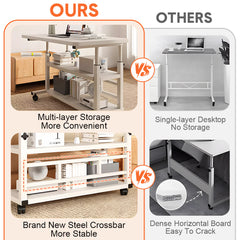 Rolling Desk Bed Sofa Side Table 63 to 90cm Height Adjustable Mobile Desk with 3 Layer Storage and Swivel Wheels Max Load 10kg White for Home Office