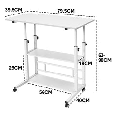 Rolling Desk Bed Sofa Side Table 63 to 90cm Height Adjustable Mobile Desk with 3 Layer Storage and Swivel Wheels Max Load 10kg White for Home Office