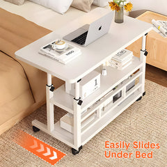 Rolling Desk Bed Sofa Side Table 63 to 90cm Height Adjustable Mobile Desk with 3 Layer Storage and Swivel Wheels Max Load 10kg White for Home Office