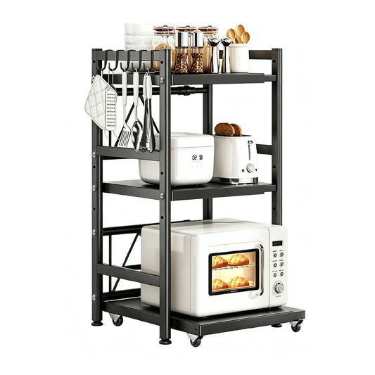 3-Tier Expandable Countertop Organizer 76cm Tall Heavy Duty Steel Kitchen Rack Partition Height Adjustable with Pull Out Microwave Shelf Includes 5 Hooks