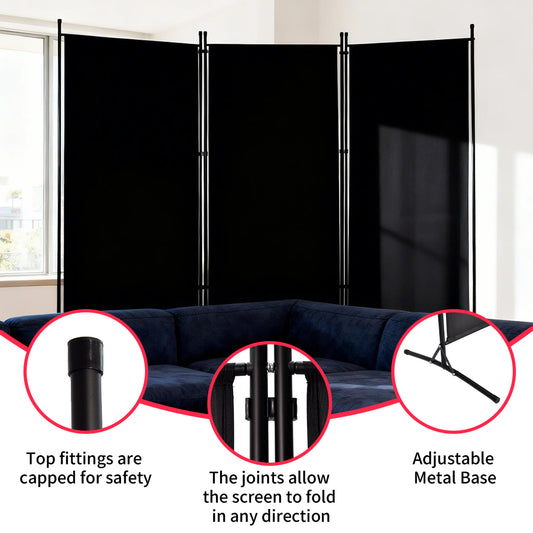 3 Panel Room Divider Free Standing Foldable and Portable Privacy Fabric Screen for Home Office Study Hospital Indoor Room Separation W260xH180cm Black
