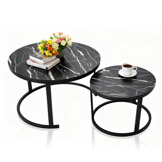 Set of 2 Nesting Coffee Tables Modern Round Side Tables with Wooden Top and Metal Frame for Living Room Bedroom Balcony Apartment Max Load 300kg Black