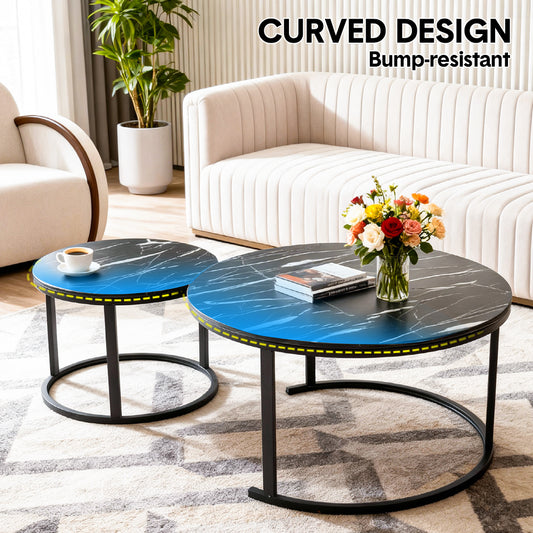 Set of 2 Nesting Coffee Tables Modern Round Side Tables with Wooden Top and Metal Frame for Living Room Bedroom Balcony Apartment Max Load 300kg Black