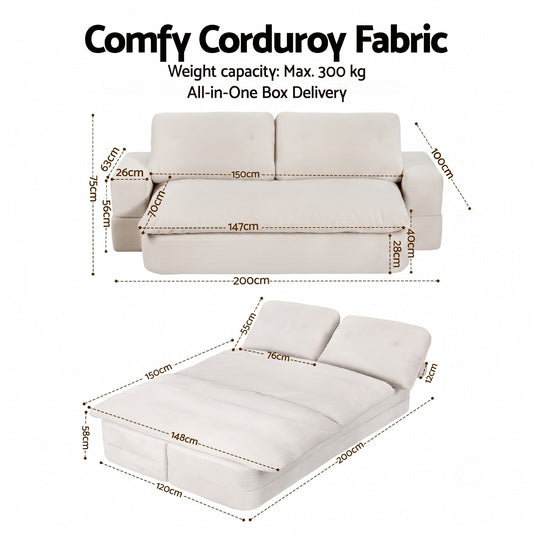 Artiss Convertible Folding Sofa Bed 30D High-Density Foam Boneless Couch with Corduroy Sleeper Couch Lounger for Living Room Beign