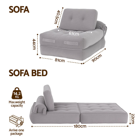 Artiss 1 Seater Corduroy Convertible Sofa Bed Pull Out Boneless Couch Grey