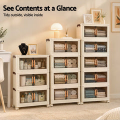 Artiss 4-Tier Foldable Storage Cabinet Stackable Box Clear Magnetic Door White