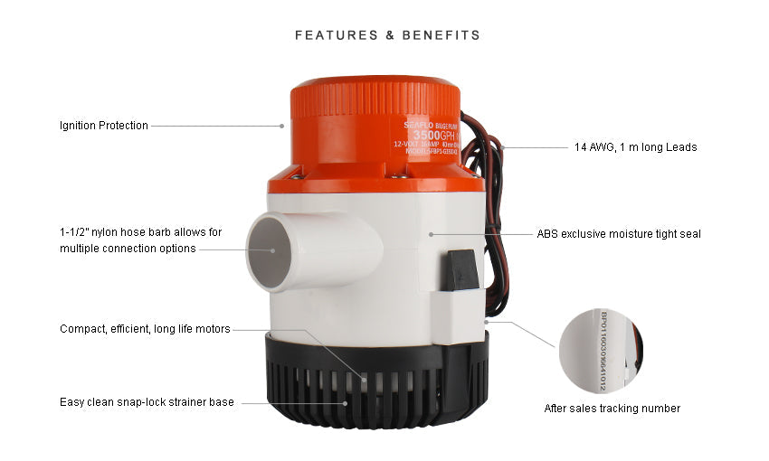 SEAFLO 3500GPH Marine Bilge Pump with Snap-Off Strainer Base 鈥?Sealed Motor Industry Standard Mounting Float or Panel Switch Operation