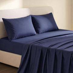 Giselle King 500TC Cotton 4Pcs Sheet Set with 40cm Extra Deep Pocket for Thick Mattresses Sateen Weave for Sweaty Nights Navy Blue