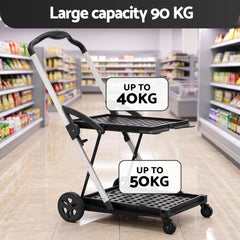 Artiss Shopping Trolley with Wheels 2 Layer w/2 Crates Foldable Trolley Black