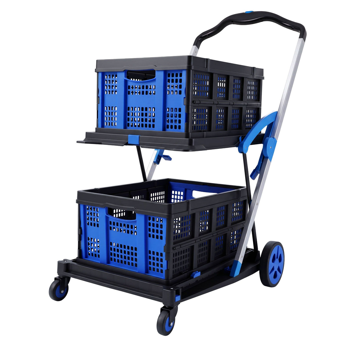Artiss Shopping Trolley with Wheels 2 Layer w/2 Crates Foldable Trolley Blue