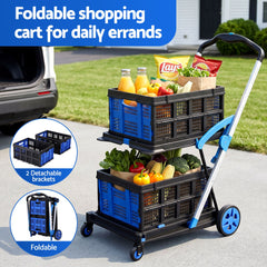 Artiss Shopping Trolley with Wheels 2 Layer w/2 Crates Foldable Trolley Blue