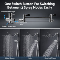 Cefito High-Pressure Rain Shower Head with Handheld, Gear-Lock Anti-Sag Arm for Family Spa, 12" Stainless Steel Rainfall & 9-Setting Wand Combo, 3-Way Diverter, Drill-Free Adhesive Bracket