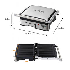 Devanti 2000W 3-in-1 Panini Press Grill Sandwich Maker 180° Open 4 Slice