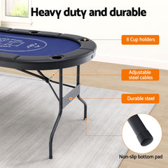 8 Player 1.8m Folding Poker Table and 300pcs Chips Set Portable Card Game Blue Layout Blue