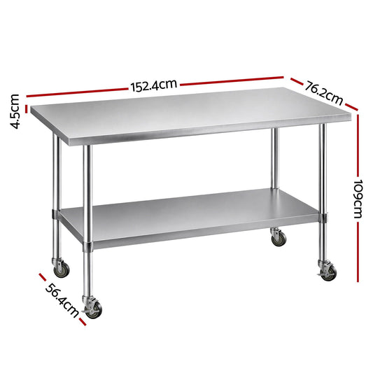 Cefito 1524x762mm Stainless Steel Kitchen Bench w/ Splashback Work Table Prep Bench Commercial 430