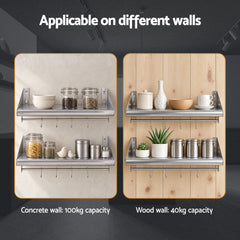 Cefito 610mm 430 Stainless Steel Wall Shelf with Hooks and Side Guards