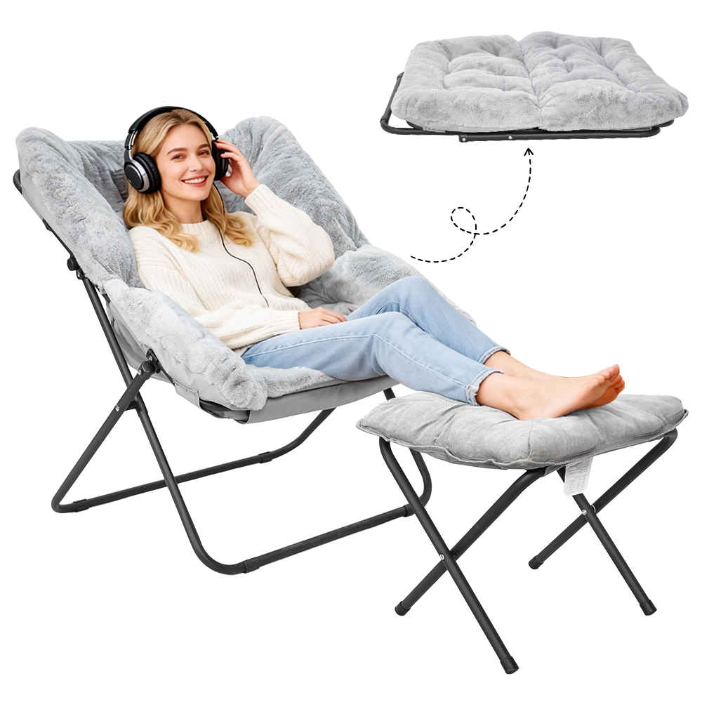 Foldable Saucer Chair Recliner Lazy Chair Metal Frame with 10cm Soft Cushion and Footrest Ottoman for Bedroom Living Room Lounge Chair Loading Up to 125kg