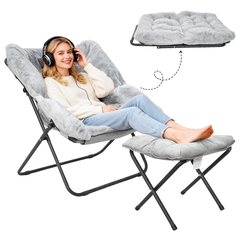 Foldable Saucer Chair Recliner Lazy Chair Metal Frame with 10cm Soft Cushion and Footrest Ottoman for Bedroom Living Room Lounge Chair Loading Up to 125kg