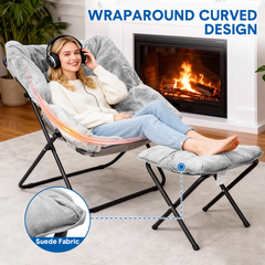 Foldable Saucer Chair Recliner Lazy Chair Metal Frame with 10cm Soft Cushion and Footrest Ottoman for Bedroom Living Room Lounge Chair Loading Up to 125kg