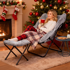 Foldable Saucer Chair Recliner Lazy Chair Metal Frame with 10cm Soft Cushion and Footrest Ottoman for Bedroom Living Room Lounge Chair Loading Up to 125kg