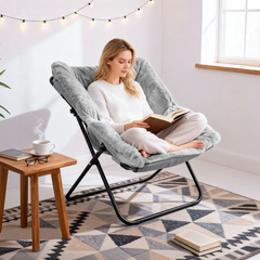 Foldable Saucer Chair Recliner Lazy Chair Metal Frame with 10cm Soft Cushion and Footrest Ottoman for Bedroom Living Room Lounge Chair Loading Up to 125kg