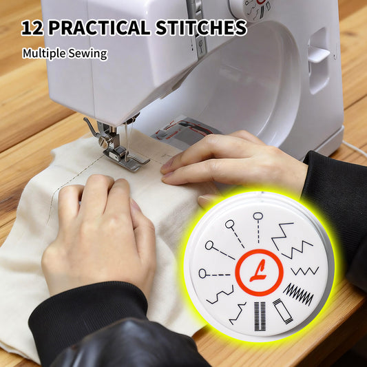 Mini Electric Sewing Machine Multifunctional Portable Sewing Machine Built-in 12 Stitch High-Low Speed with Built in Light Foot Pedal and Sewing Kit White