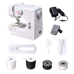 Mini Electric Sewing Machine Multifunctional Portable Sewing Machine Built-in 12 Stitch High-Low Speed with Built in Light Foot Pedal and Sewing Kit White