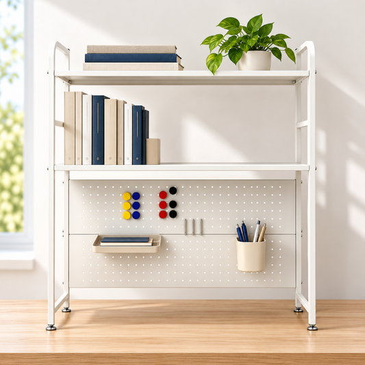 2-Tier Desktop Shelf with Pegboard Organizer Multifunctional Steel Storage Rack with Hooks and Accessories for Home Office Study Max Load 20kg 93x20x96cm