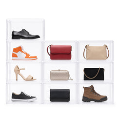 10 Pack Stackable Shoe Box Hard Transparent Acrylic Shoes Storage Container Case with Magnetic Door Multifunctional Display Organiser Each Size 37x26x20cm