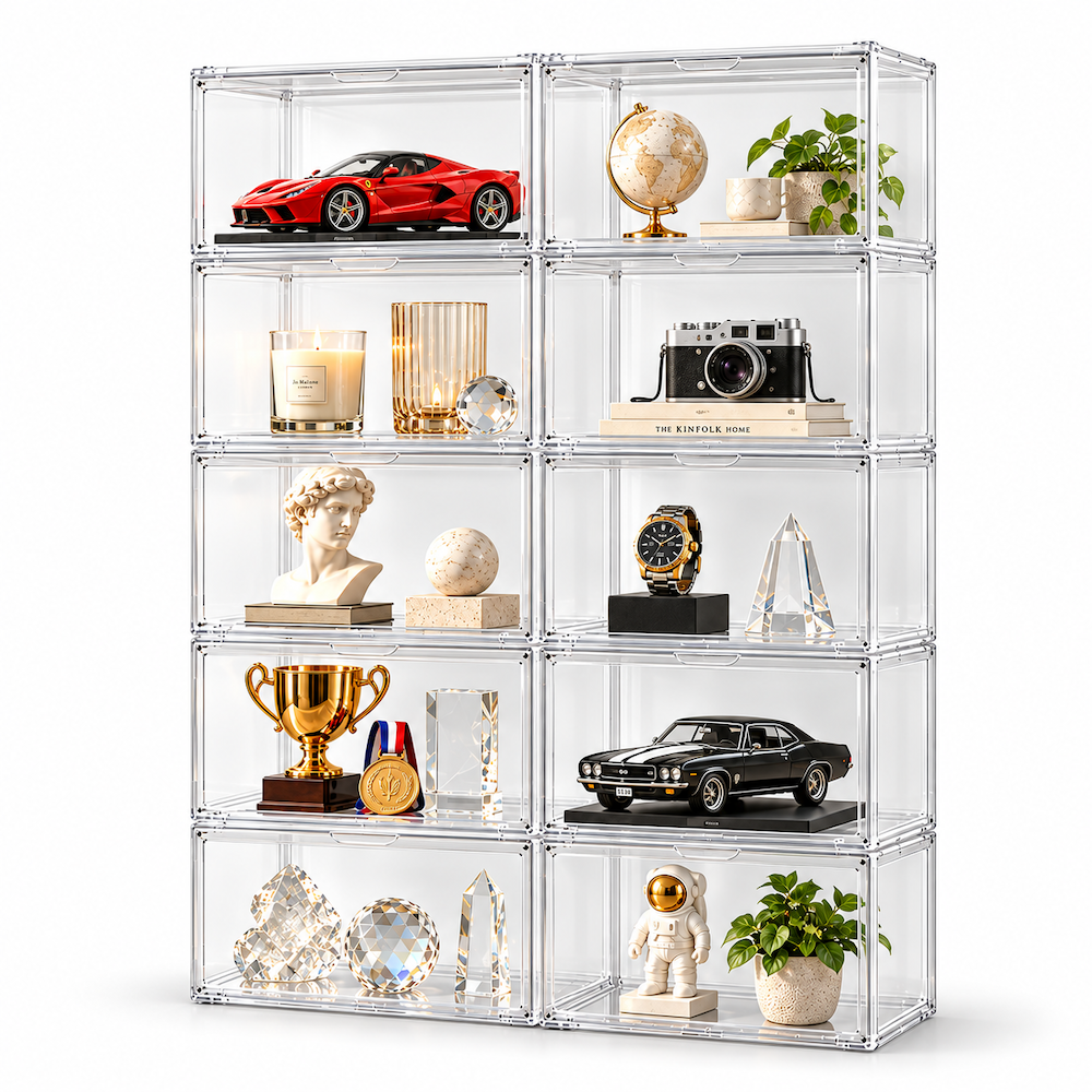 10 Pack Stackable Clear Collectible Display Cases with Magnetic Door Modular Keepsake Boxes for Models Awards Watche Figures  Memorabilia