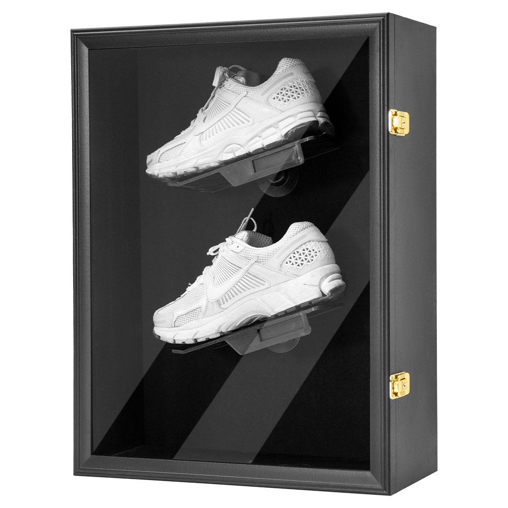 Shoe Display Case Wall Mounted Wooden Sneaker Cabinet with 360 Rotatable Shoe Rack and UV Protection Acrylic Lockable Door Sports Shoes Showcase Box Black