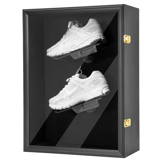 Shoe Display Case Wall Mounted Wooden Sneaker Cabinet with 360 Rotatable Shoe Rack and UV Protection Acrylic Lockable Door Sports Shoes Showcase Box Black