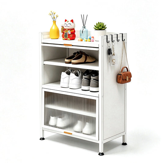 5-Tier Shoe Cabinet Metal Shoe Storage Rack Hold Up to 15 Pairs with Flip-Up Doors Open Bottom and Removable Shelves for Entryway Hallway 60x35x80cm White
