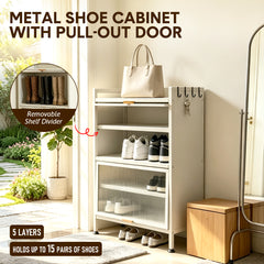 5-Tier Shoe Cabinet Metal Shoe Storage Rack Hold Up to 15 Pairs with Flip-Up Doors Open Bottom and Removable Shelves for Entryway Hallway 60x35x80cm White