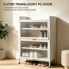 5-Tier Shoe Cabinet Metal Shoe Storage Rack Hold Up to 15 Pairs with Flip-Up Doors Open Bottom and Removable Shelves for Entryway Hallway 60x35x80cm White