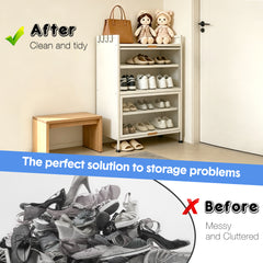 5-Tier Shoe Cabinet Metal Shoe Storage Rack Hold Up to 15 Pairs with Flip-Up Doors Open Bottom and Removable Shelves for Entryway Hallway 60x35x80cm White