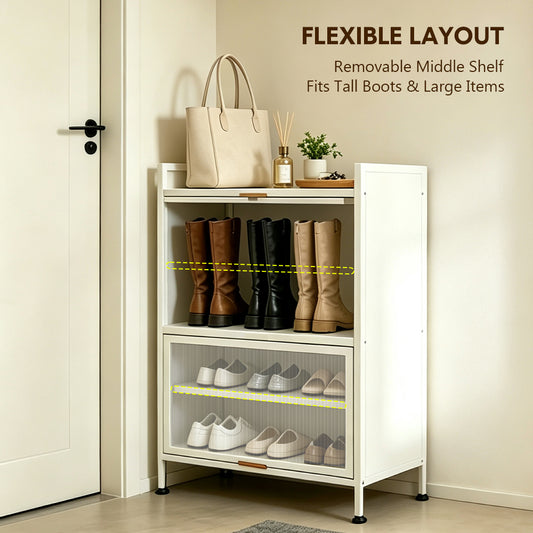 5-Tier Shoe Cabinet Metal Shoe Storage Rack Hold Up to 15 Pairs with Flip-Up Doors Open Bottom and Removable Shelves for Entryway Hallway 60x35x80cm White