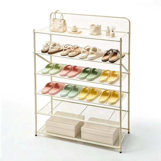 6-Tier Foldable Shoe Rack Pre Assembled Hold up to 24 Pairs of Shoes Freestanding Metal Mesh Shelf for Hallway Entryway Balcony Yard 9.5Lx26.5Wx110Hcm White